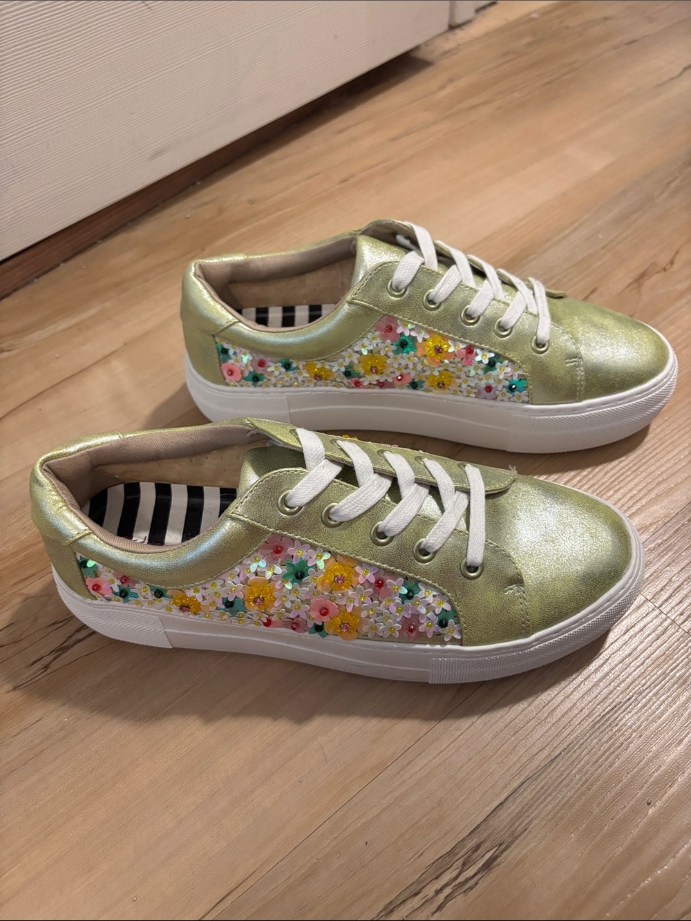 Betsey Johnson Metallic Lime Green Floral Sequin Platform Sneakers